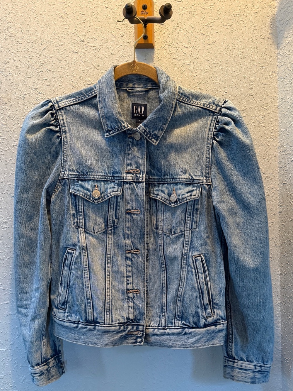GAP Light Wash Denim Jacket with Puff Shoulders